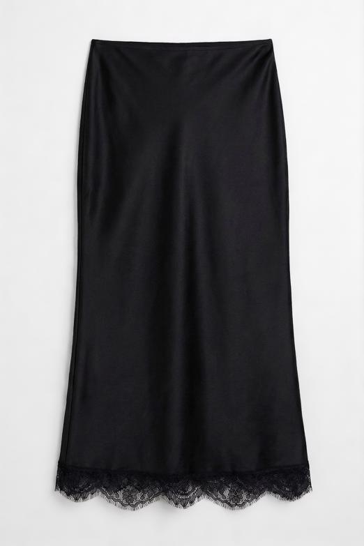 Dantel Detaylı Saten Midi Etek