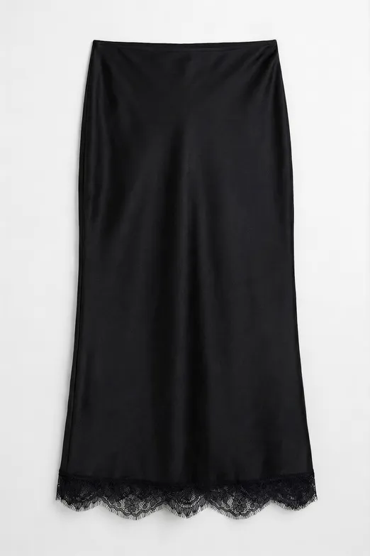 Bayan Siyah Dantel Detaylı Saten Midi Etek - BSL
