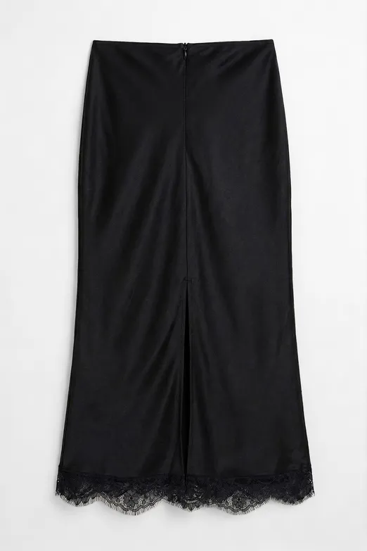 Bayan Siyah Dantel Detaylı Saten Midi Etek - BSL