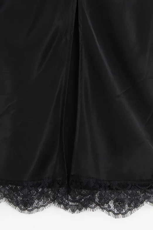 Bayan Siyah Dantel Detaylı Saten Midi Etek - BSL