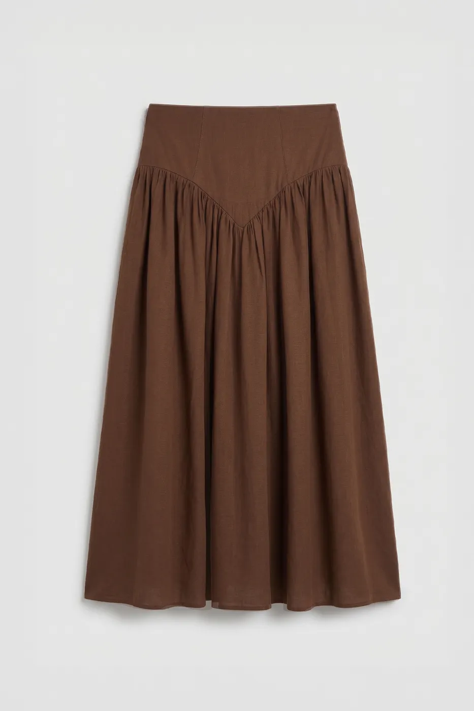 Bayan Kahverengi Korsajlı Büzgü Detaylı Midi Keten Etek