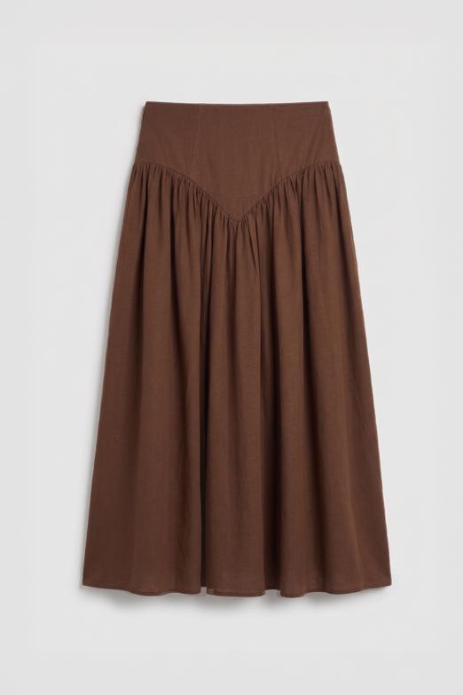 Korsajlı Büzgü Detaylı Midi Keten Etek