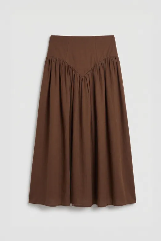 Bayan Kahverengi Korsajlı Büzgü Detaylı Midi Keten Etek - BSL