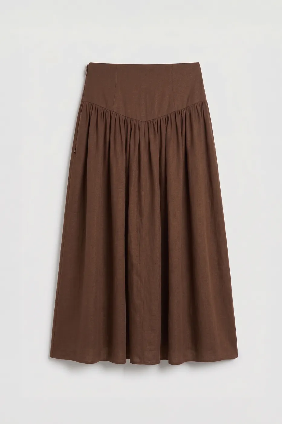 Bayan Kahverengi Korsajlı Büzgü Detaylı Midi Keten Etek