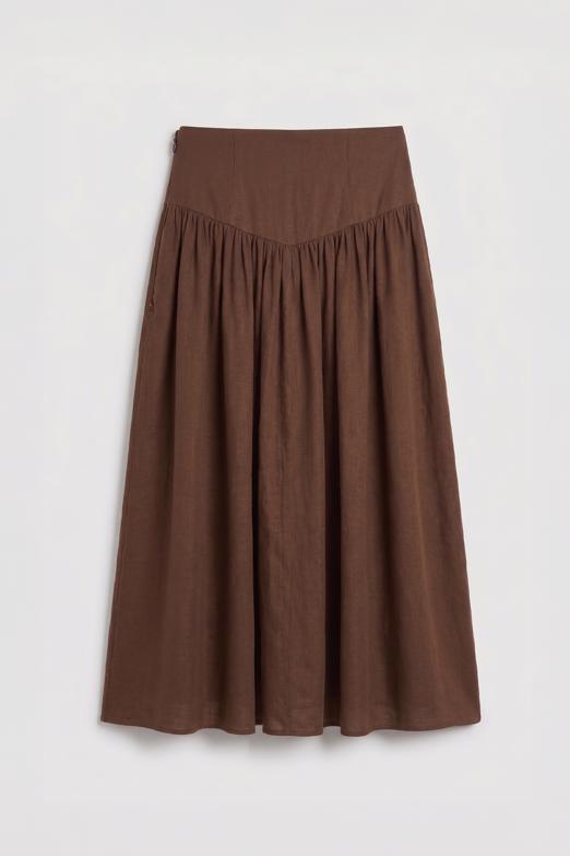 Korsajlı Büzgü Detaylı Midi Keten Etek