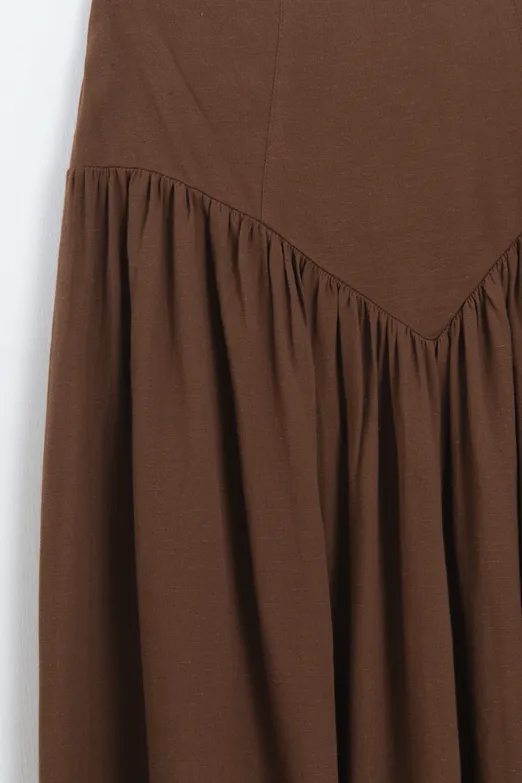 Bayan Kahverengi Korsajlı Büzgü Detaylı Midi Keten Etek - BSL