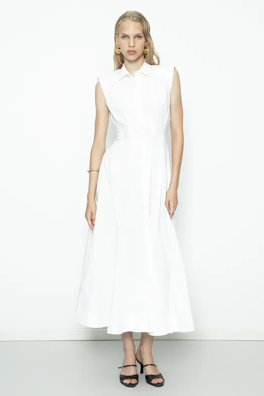 Bayan Beyaz Volanlı Midi Boy Gömlek Elbise - BSL