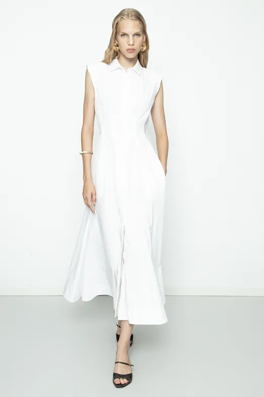 Bayan Beyaz Volanlı Midi Boy Gömlek Elbise - BSL