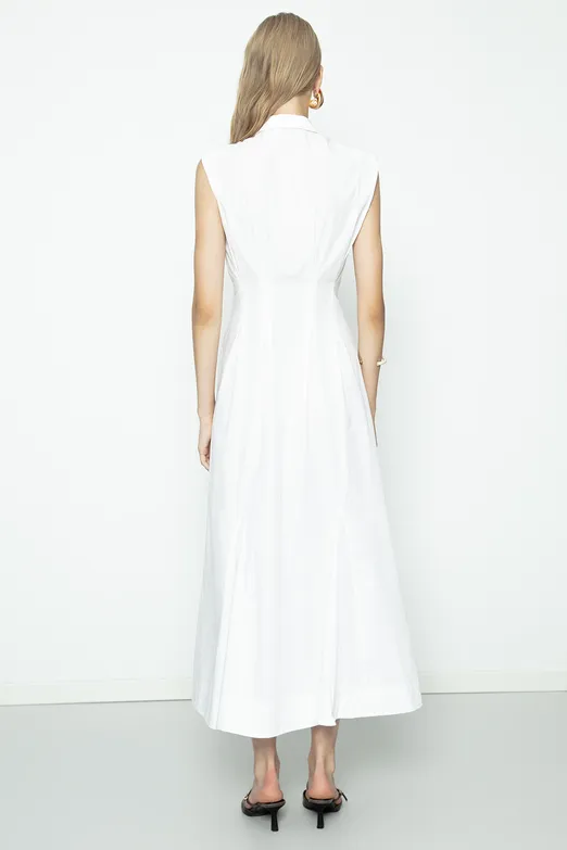 Bayan Beyaz Volanlı Midi Boy Gömlek Elbise - BSL