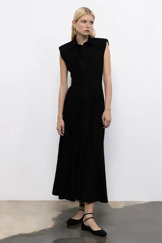 Bayan Siyah Volanlı Midi Boy Gömlek Elbise - BSL