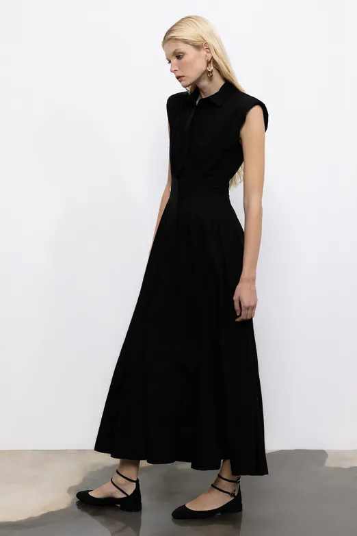Bayan Siyah Volanlı Midi Boy Gömlek Elbise - BSL