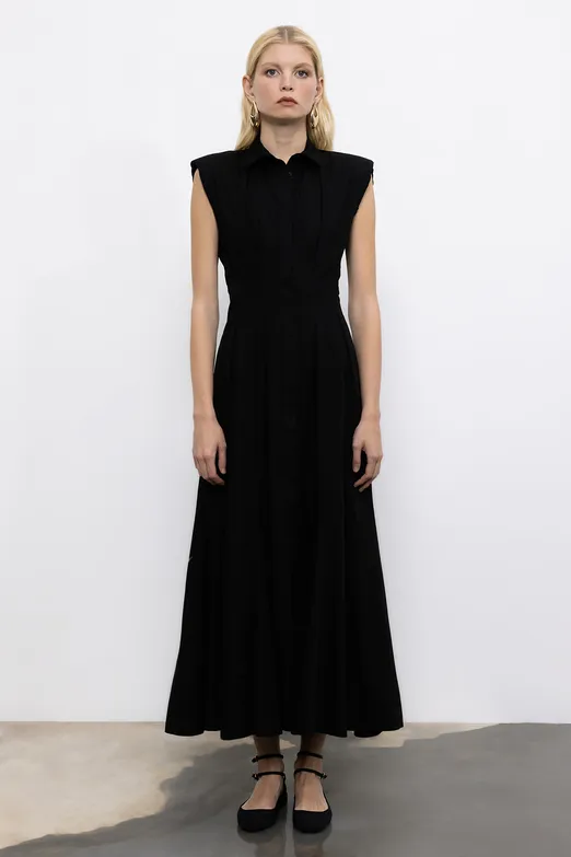 Bayan Siyah Volanlı Midi Boy Gömlek Elbise - BSL