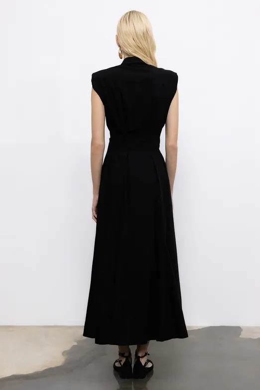 Bayan Siyah Volanlı Midi Boy Gömlek Elbise - BSL