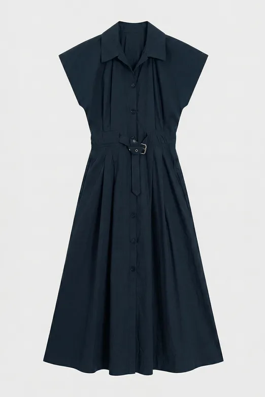 Bayan Lacivert Pileli Maksi Cotton Elbise - BSL