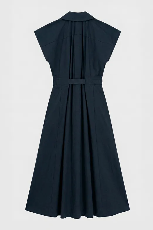 Bayan Lacivert Pileli Maksi Cotton Elbise - BSL