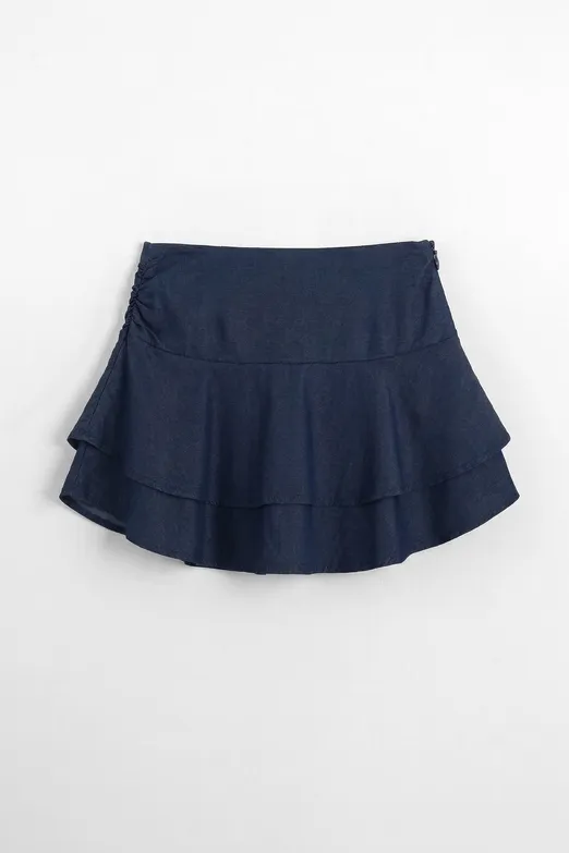 Bayan Lacivert Katlı Mini Denim Şortlu Etek - BSL