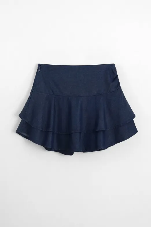 Bayan Lacivert Katlı Mini Denim Şortlu Etek - BSL