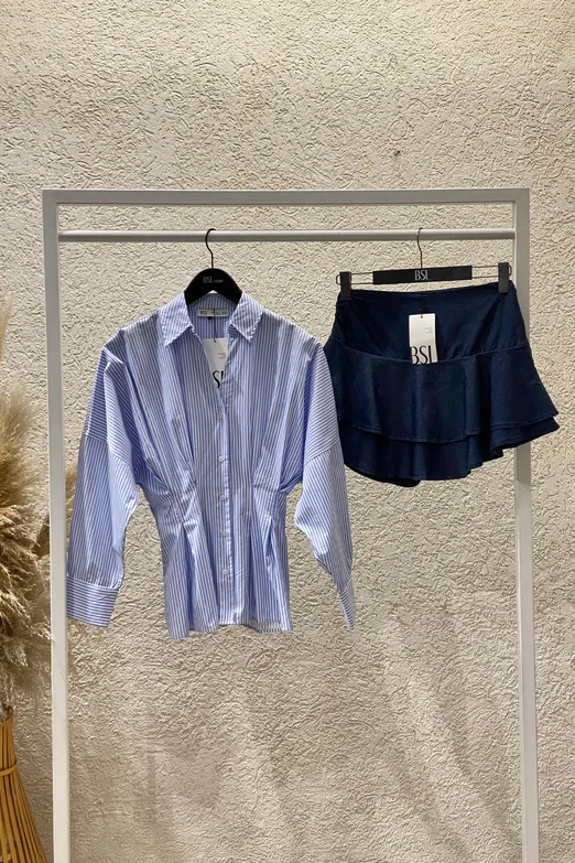 Bayan Lacivert Katlı Mini Denim Şortlu Etek - BSL