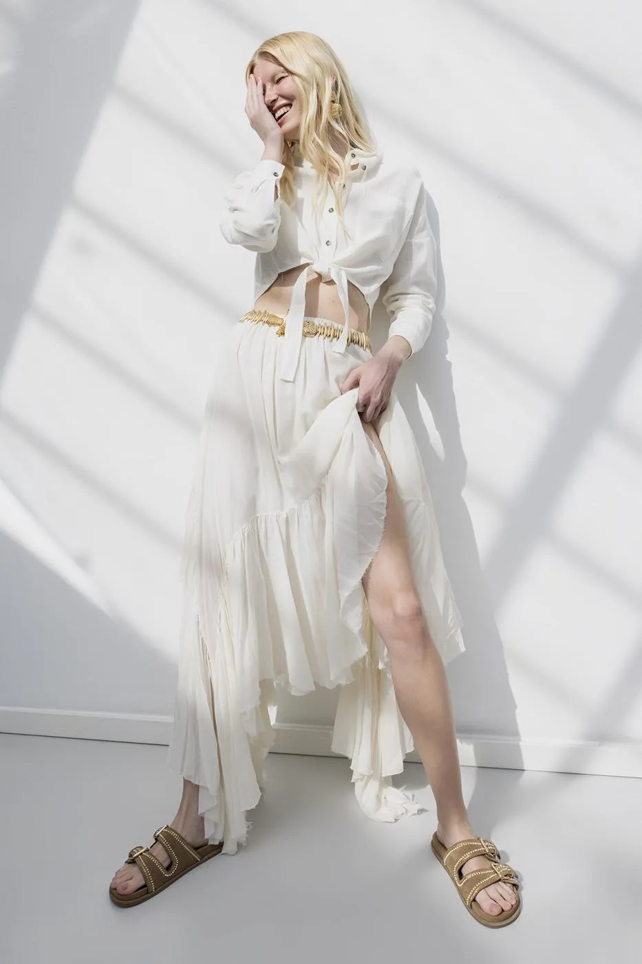 Bayan Ekru Mendil Etek Detaylı Midi Etek