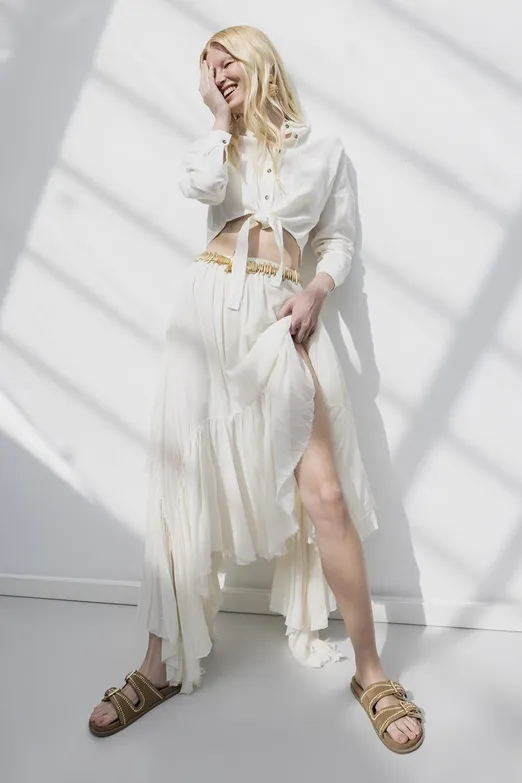 Bayan Ekru Mendil Etek Detaylı Midi Etek - BSL