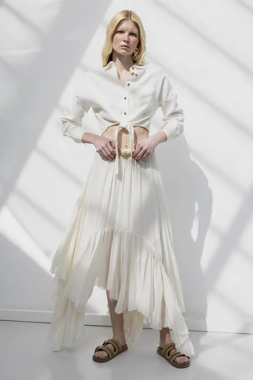 Bayan Ekru Mendil Etek Detaylı Midi Etek - BSL