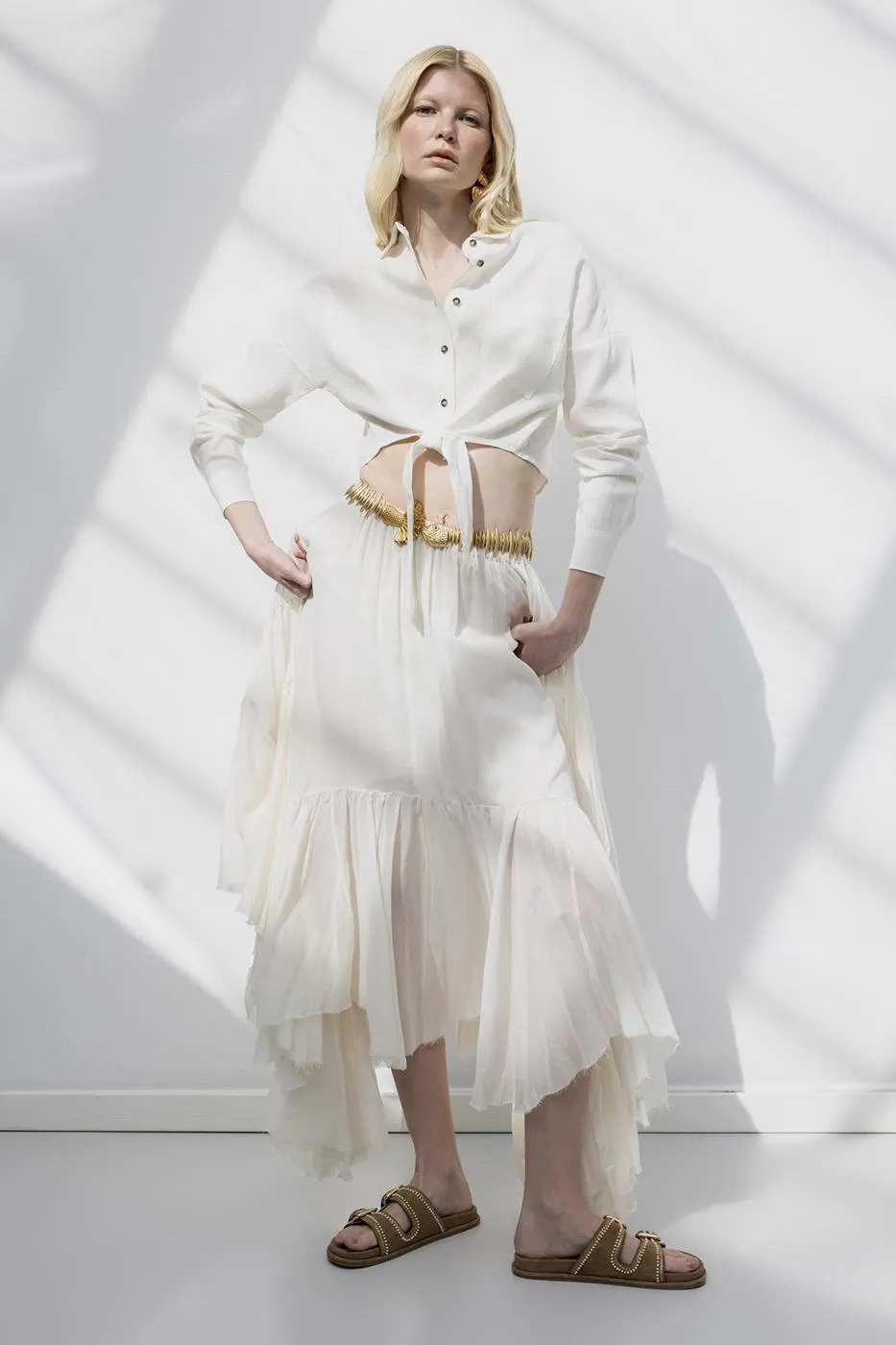 Bayan Ekru Mendil Etek Detaylı Midi Etek