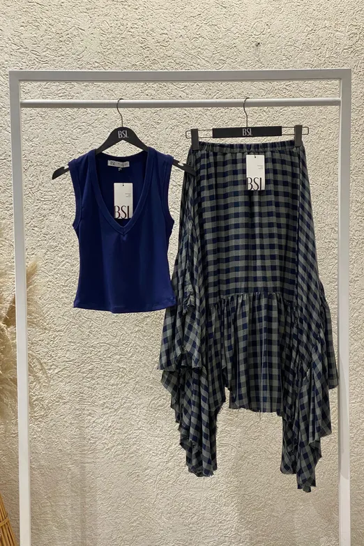 Bayan Yeşil Mendil Etek Detaylı Midi Etek - BSL