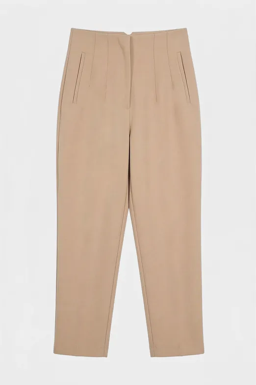 Bayan Bej Yüksek Bel Pensli Cigaretti Pantolon - BSL