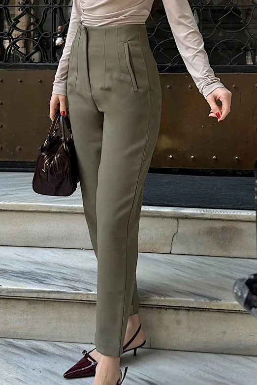 Bayan Haki Yüksek Bel Pensli Cigaretti Pantolon - BSL