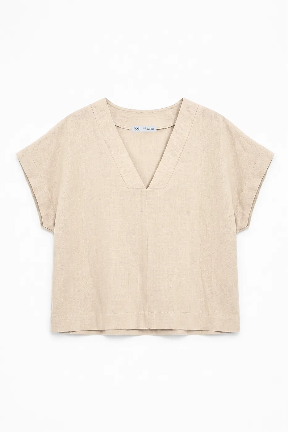 Bayan Bej %100 Keten V Yakalı Bluz