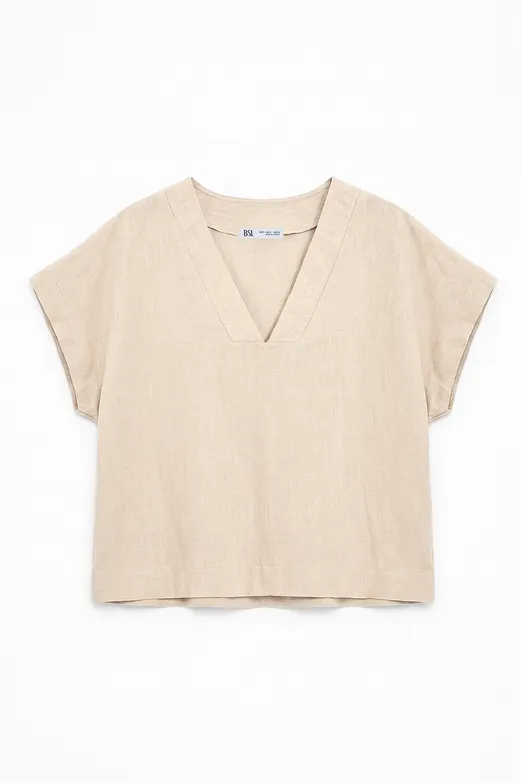 Bayan Bej %100 Keten V Yakalı Bluz - BSL