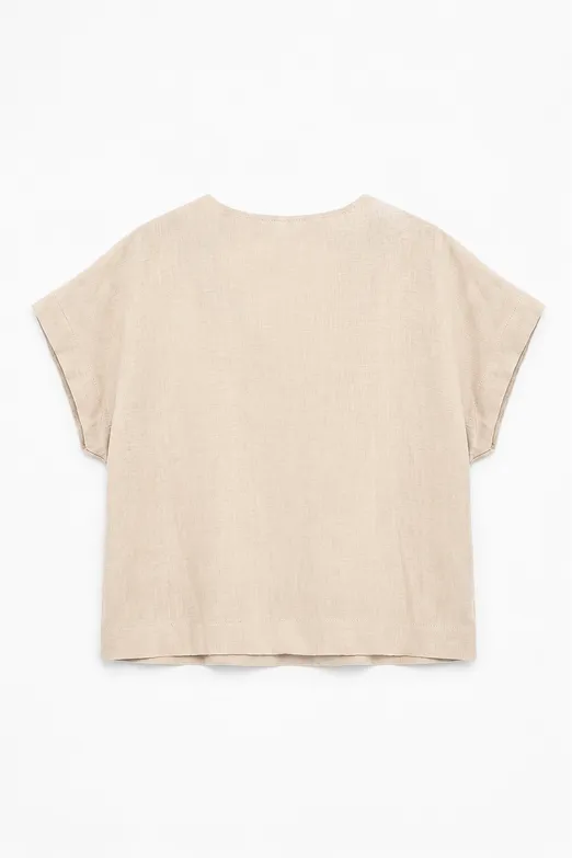 Bayan Bej %100 Keten V Yakalı Bluz - BSL