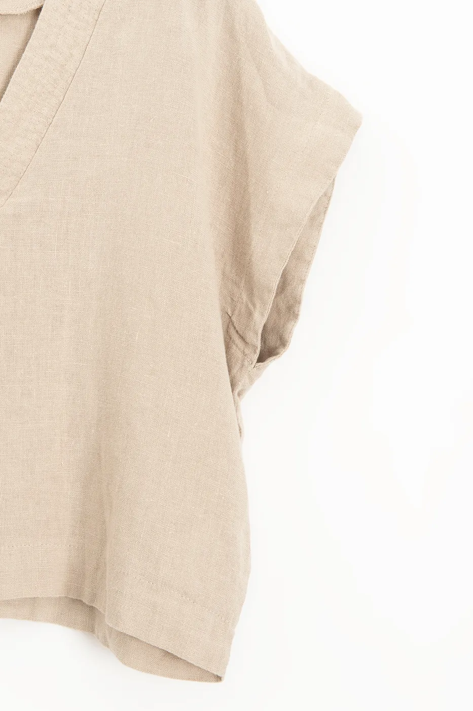 Bayan Bej %100 Keten V Yakalı Bluz