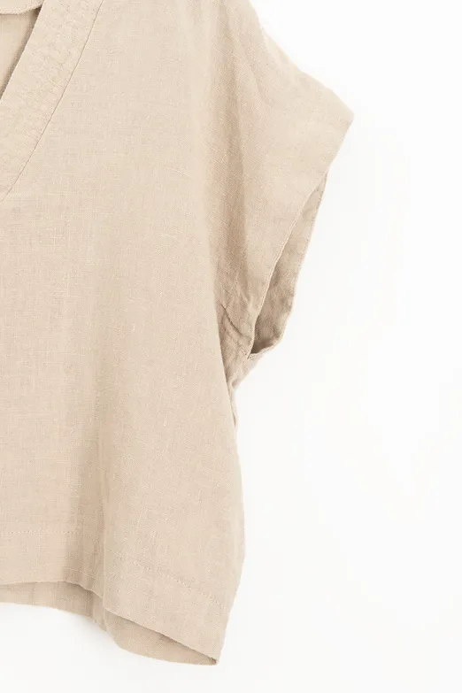 Bayan Bej %100 Keten V Yakalı Bluz - BSL