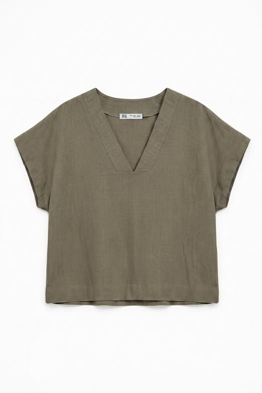 %100 Keten V Yakalı Bluz