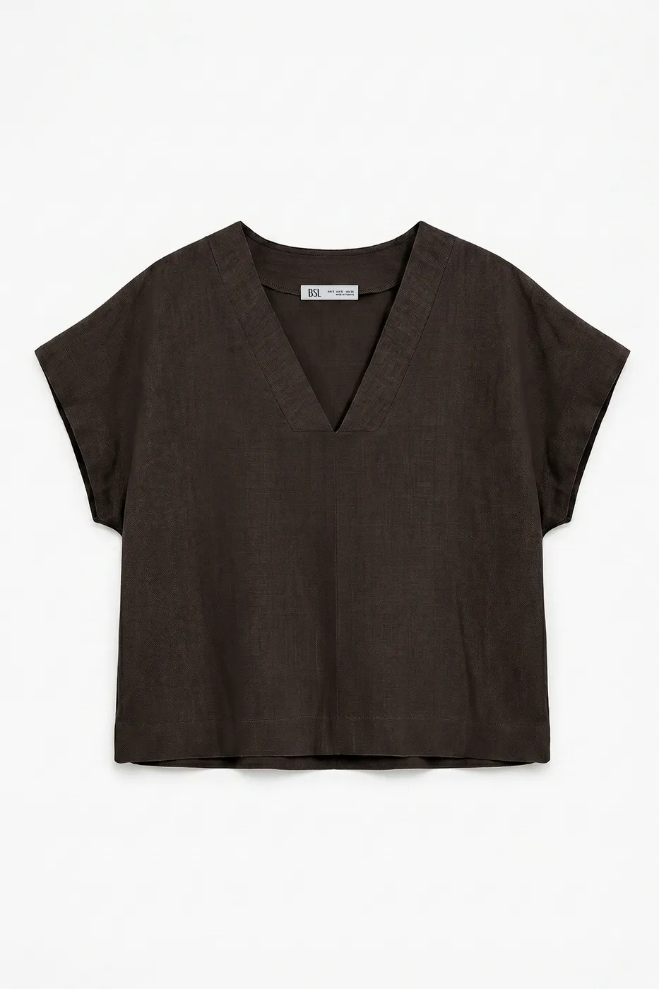 Bayan Kahverengi %100 Keten V Yakalı Bluz
