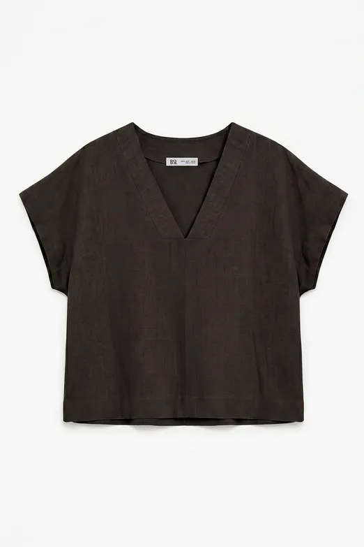 Bayan Kahverengi %100 Keten V Yakalı Bluz - BSL