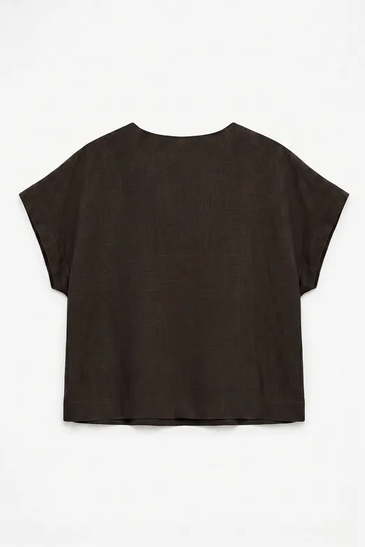 Bayan Kahverengi %100 Keten V Yakalı Bluz - BSL