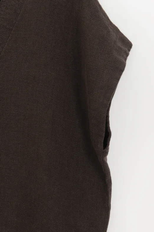 Bayan Kahverengi %100 Keten V Yakalı Bluz - BSL