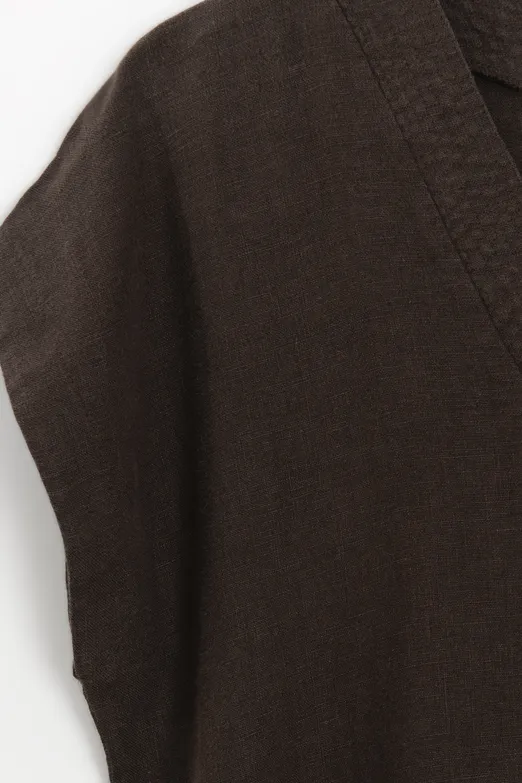 Bayan Kahverengi %100 Keten V Yakalı Bluz - BSL