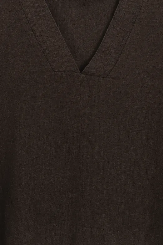 Bayan Kahverengi %100 Keten V Yakalı Bluz - BSL