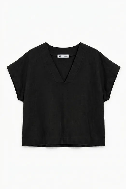 Bayan Siyah %100 Keten V Yakalı Bluz - BSL