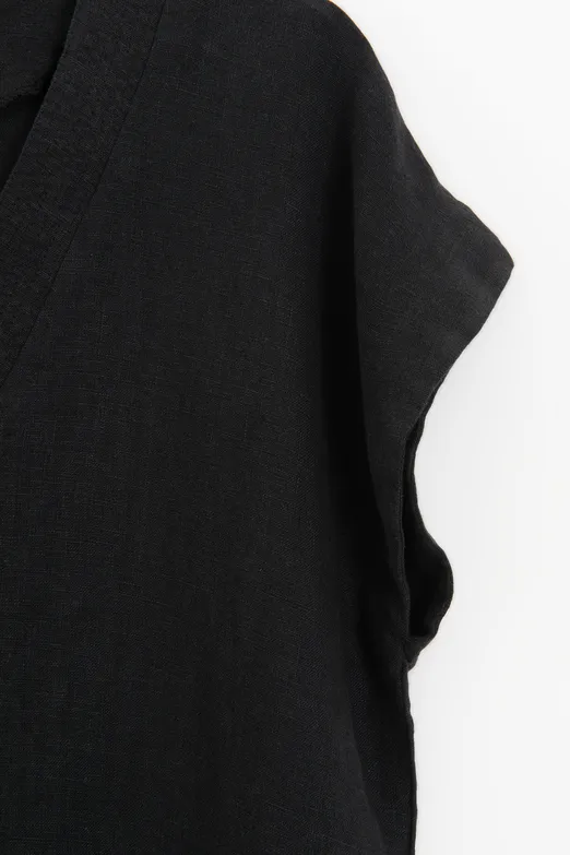 Bayan Siyah %100 Keten V Yakalı Bluz - BSL