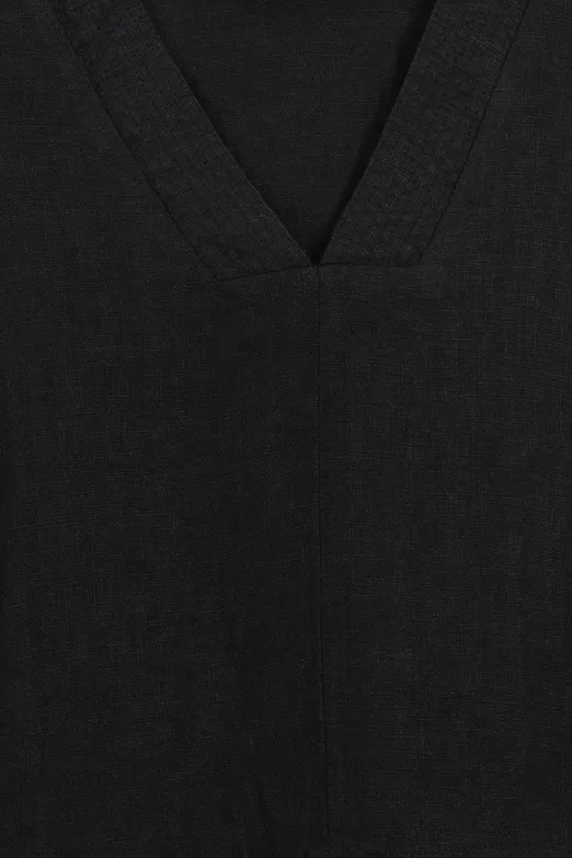 Bayan Siyah %100 Keten V Yakalı Bluz - BSL