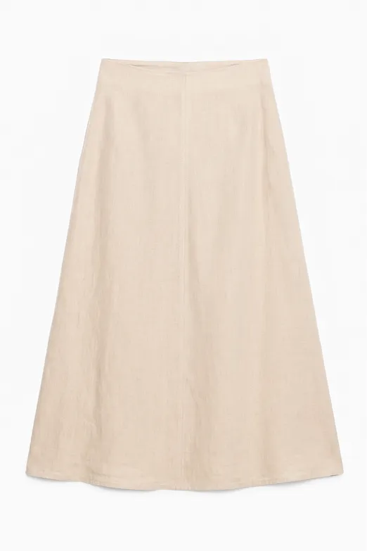 Bayan Bej %100 Keten Volanlı Midi Etek - BSL