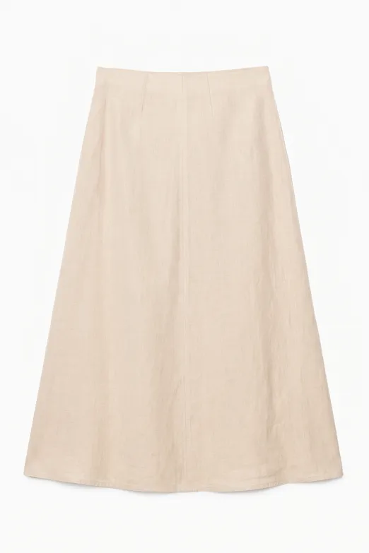 Bayan Bej %100 Keten Volanlı Midi Etek - BSL