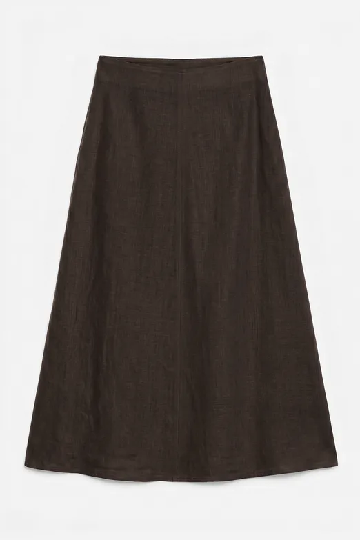 Bayan Kahverengi %100 Keten Volanlı Midi Etek - BSL