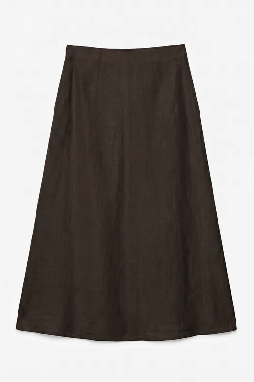 Bayan Kahverengi %100 Keten Volanlı Midi Etek - BSL