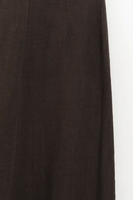 Bayan Kahverengi %100 Keten Volanlı Midi Etek - BSL