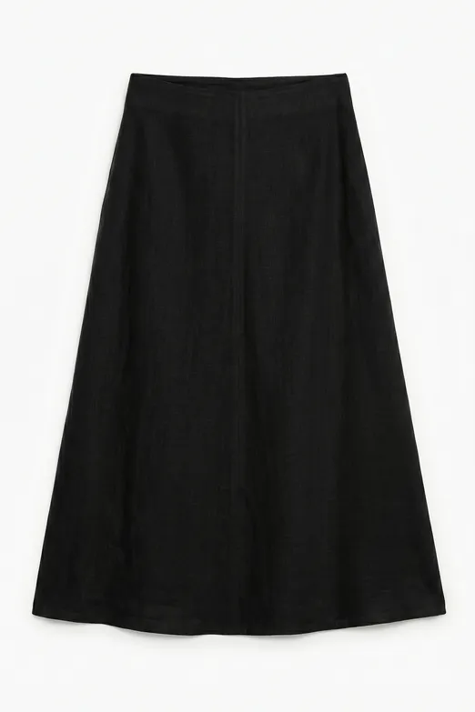 Bayan Siyah %100 Keten Volanlı Midi  Etek - BSL